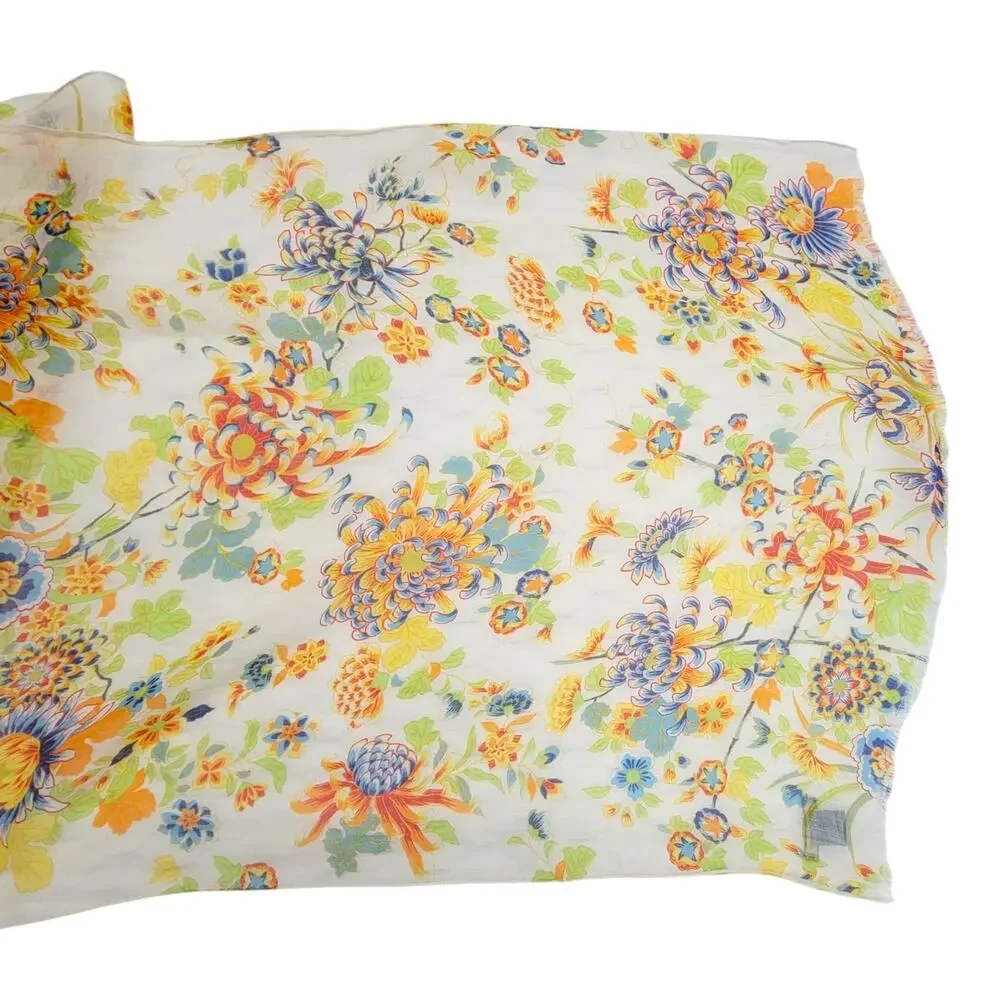 Polo Ralph Lauren Scarf Wrap Floral Botanical Ramie Lightweight Sheer Fringe